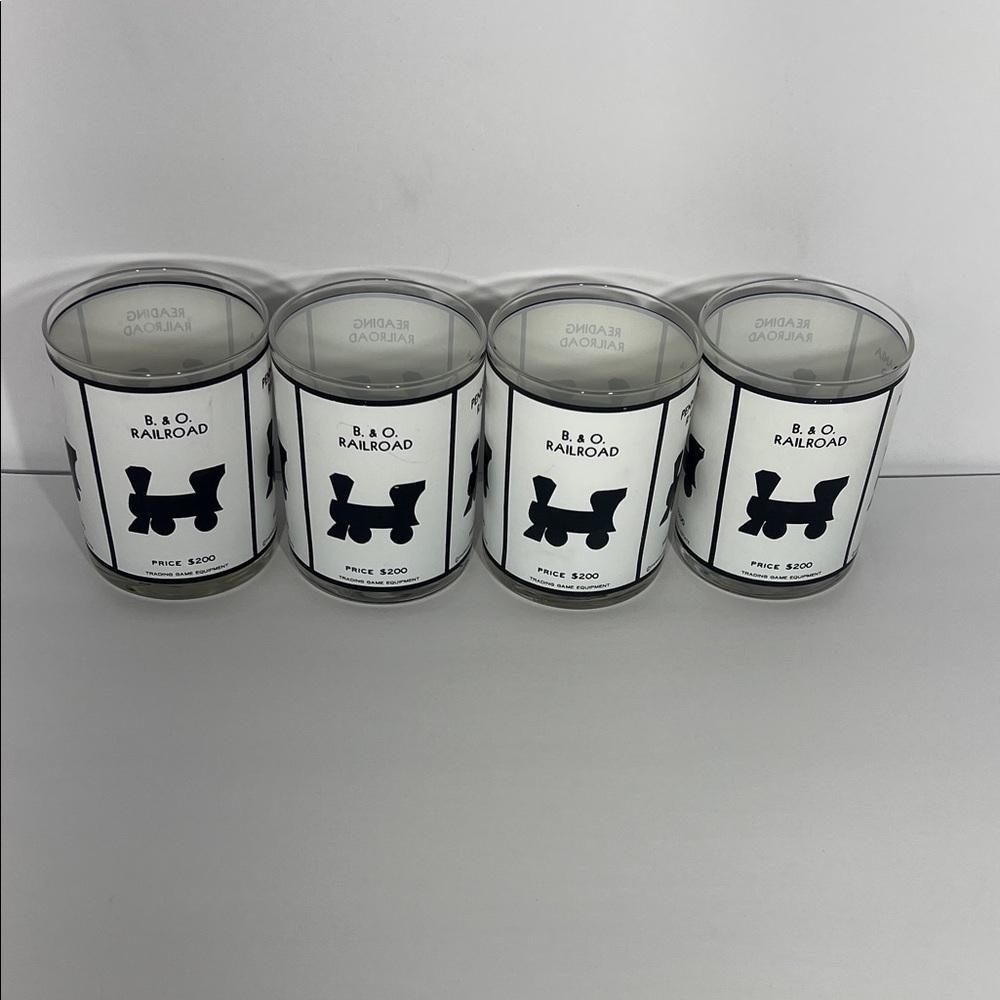 Monopoly Drinking Glasses Set of four- Train-Railroad-Game Night - Picture 4 of 6